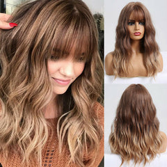 Women Ombre Blonde Brown Long Bob Wavy Wig Bangs Synthetic Natural Party Wig