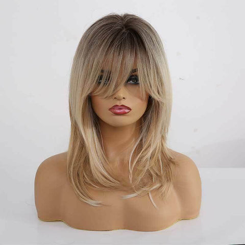 Women Brown Mixed Natural Blonde Wavy Ombre Synthetic Hair Wigs With Bangs