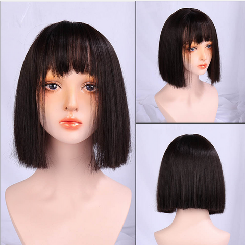 Women Short Bobo Wig Black Ombre Wigs Straight Synthetic Hair Wig with Bangs