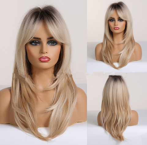 Blonde Wigs for Women Synthetic Platinum Blonde Dark Brown Root Ash Blonde