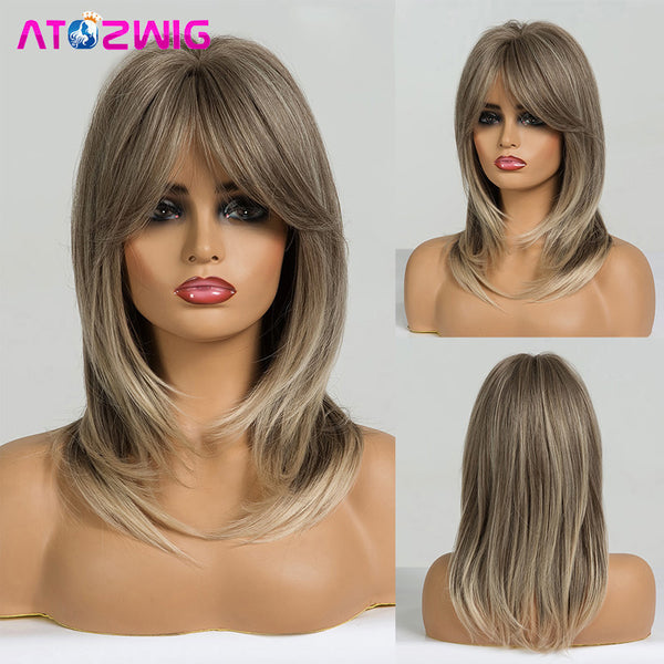 Brown Roots Ombre Ash Grey Synthetic Hair Wigs for Women Short BoB Layered Wig