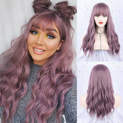 Purple Wig with Bangs Long Purple Wavy Wig for Women Synthetic Curly Wig