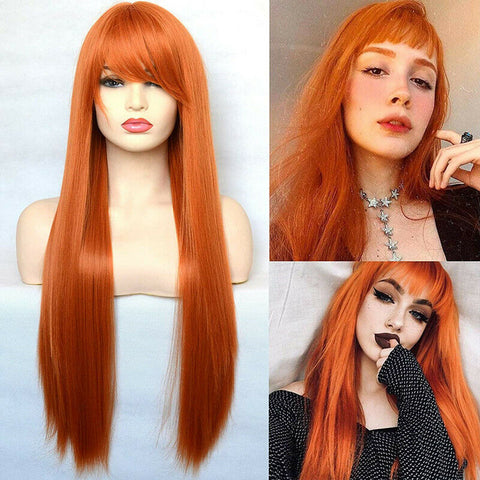 Long Straight Synthetic Wigs with Bangs for Women Orange Color Cosplay Daily Wig