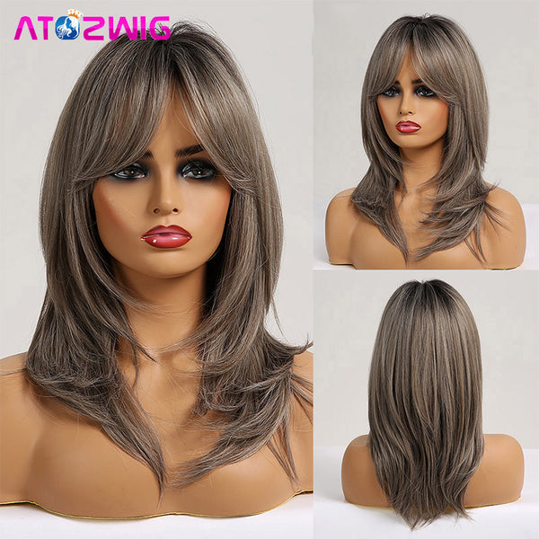 Long Ombre Grey Wavy Wig Shoulder Length Synthetic Hair Wigs With Bangs