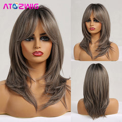 Long Ombre Grey Wavy Wig Shoulder Length Synthetic Hair Wigs With Bangs