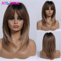 Long Ombre Black Blonde Wavy Wig Shoulder Length Synthetic Hair Wigs With Bangs