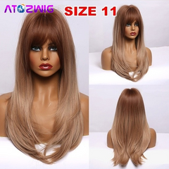 Long Ombre Brown Wavy Wig Synthetic Hair Wigs With Bangs for women