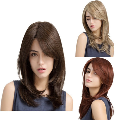 Long Brown Blonde Wavy Wig Shoulder Length Synthetic Hair Wigs With Bangs