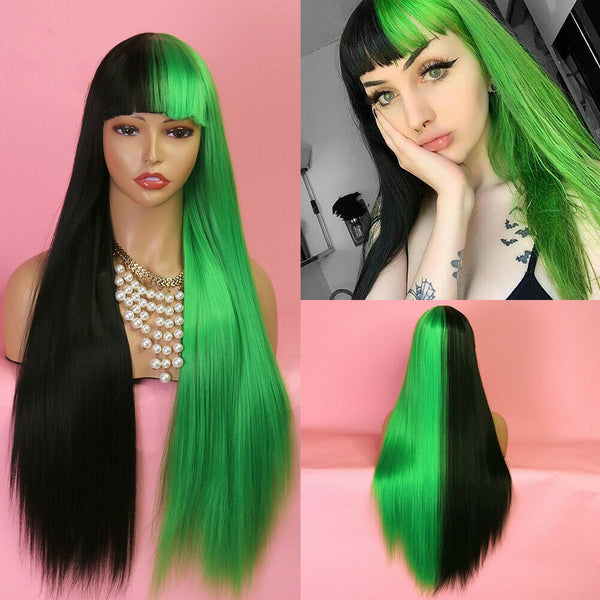 Long Synthetic Half Black Green Straight Wig With Bang Cosplay Party Full Wigs