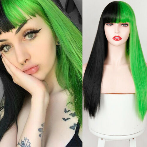 Half Green and Half Black Wig Long Straight Cosplay Halloween Party Wigs 24inch