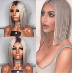 Women Ombre Grey Synthetic Hair Bob Natural Short Straight Full Wigs