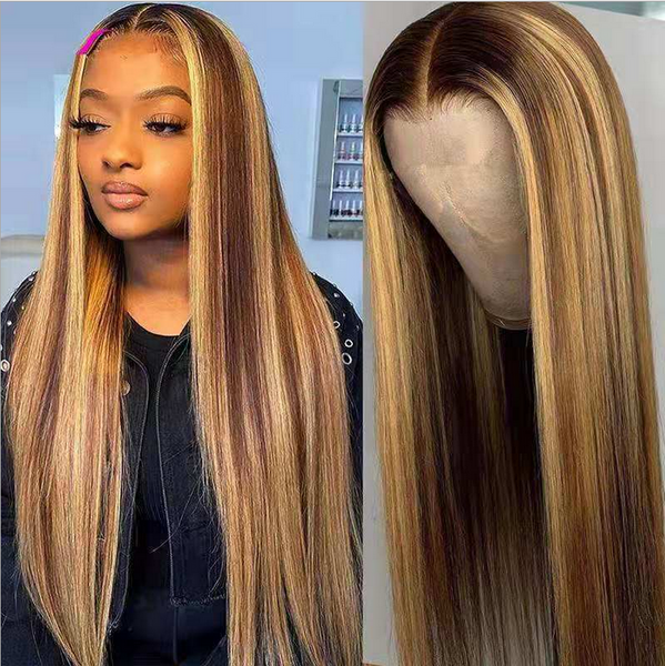 24" Brown Blonde Highlights Wigs Long Straight Natural Synthetic Hair for Women