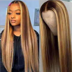 24" Brown Blonde Highlights Wigs Long Straight Natural Synthetic Hair for Women