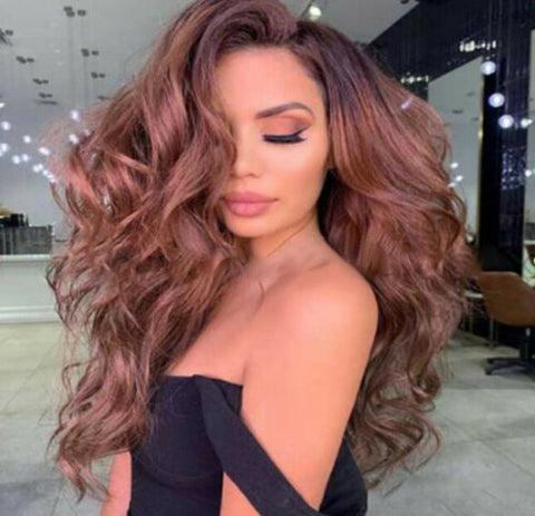 Women Curly Wave Ombre Brown Red Wig Synthetic Long Heat Safe Glueless Soft