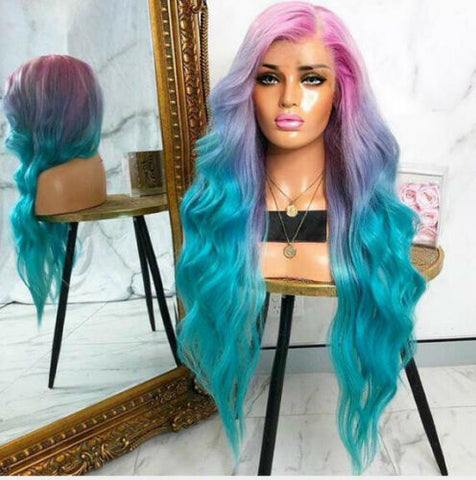 Women's Ombre Lolita Rainbow Pink Purple Blue Long Wave Mixed Wig Heat Safe