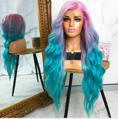 Women's Ombre Lolita Rainbow Pink Purple Blue Long Wave Mixed Wig Heat Safe