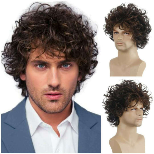 Men's Black brown Short Wigs Natural Curly Synthetic Hair Cosplay Party Show Wig
