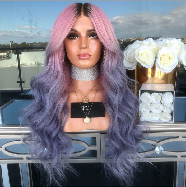 Long Wavy Full Wigs Ombre Pink Purple Black root Synthetic Wigs