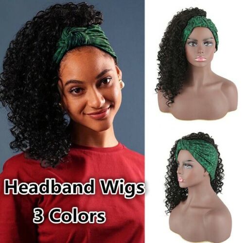 Black Kinky Curly Headband Wigs Headwrap Wigs Wrap-Wig Synthetic For Womans Wigs