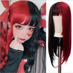 Long Synthetic Half Black Pink Straight Wig With Bang Cosplay Party Full Wigs