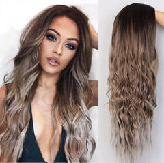 Long Ombre Brown Wigs Body Wave Synthetic Middle Parting Wavy Wig Cosplay Party