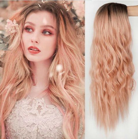 Fashion Women's Long Wavy Wig Ombre Pink Synthetic Wigs for Party