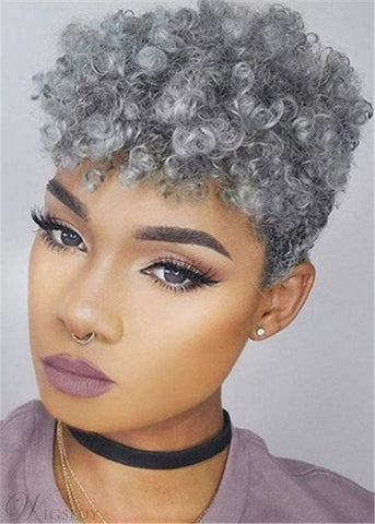 Short Wave Curly Grey mixed Black Pixie Cut Wig Synthetic Cosplay Daily Wear Wig