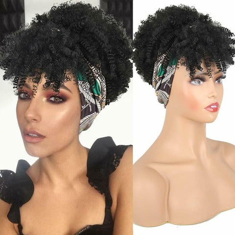 Fashion Headband Wig Short Black Afro Curly Wigs for Black Women Headscarf Wigs
