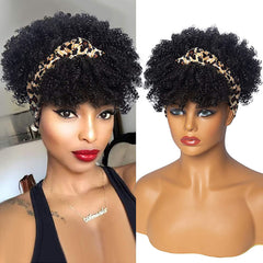 Short Black Afro Kinky Curly Headband Wigs Headscarf with Bangs Synthetic softly