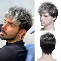 Handsome Men's Short Wig Ombre Grey Black Synthetic Wig Hair Natural Looking