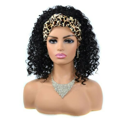 Women Deep Curly Synthetic Headband Wig Black Heat Safe with Headscarf Cospaly
