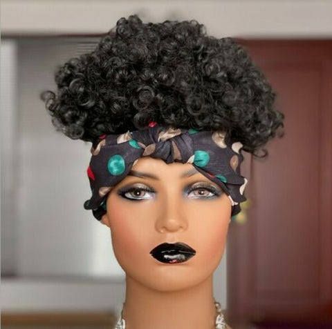 Short Curly Synthetic Headband Wig Black Short Heat Safe Hair with Headscarf Wig