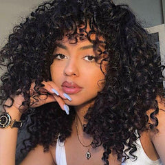 Black Full Wig Afro Natural Kinky Curly Wig with Bangs for Afro Women Daily Use