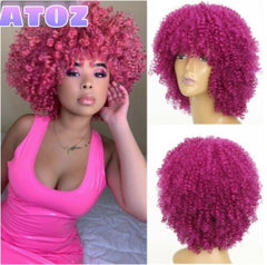 Afro Kinky Curly Synthetic Wigs Bob Rose Pink Heat Safe Party for Black Women