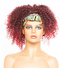 Short Afro Kinky Curly Synthetic Headband Wig Black Heat Safe Hair Wine Red Wig