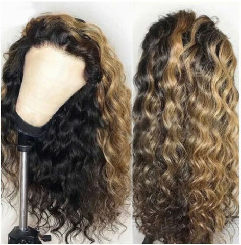 Fashion Women's Long Deep Wave Black Blonde Highlight Wig Synthetic Party Wigs