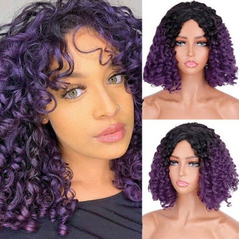 Details about  Short Afro Curly Wigs for Black Women Synthetic Natural Ombre Purple