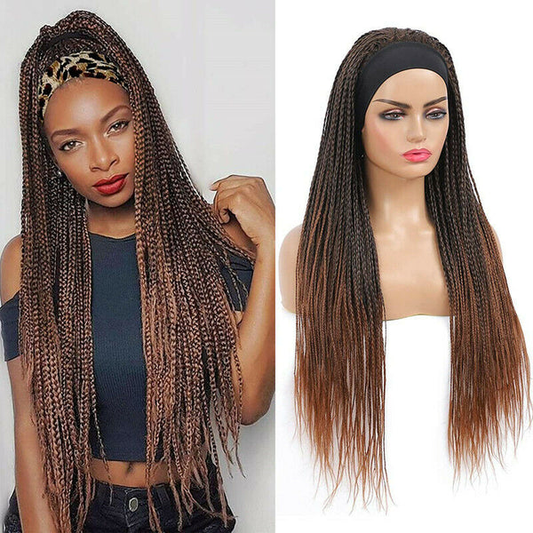 Headband Wig Box Braided Wigs for Black Women Micro Braids Fiber Brown Wig