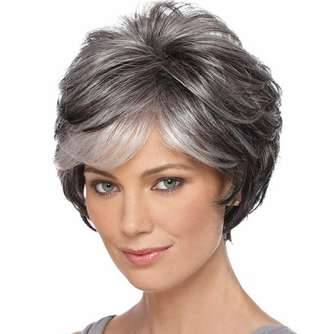 Short Grey Wigs for Women Mixed Gray Pixie Cut Wigs with Bangs Natural Layered