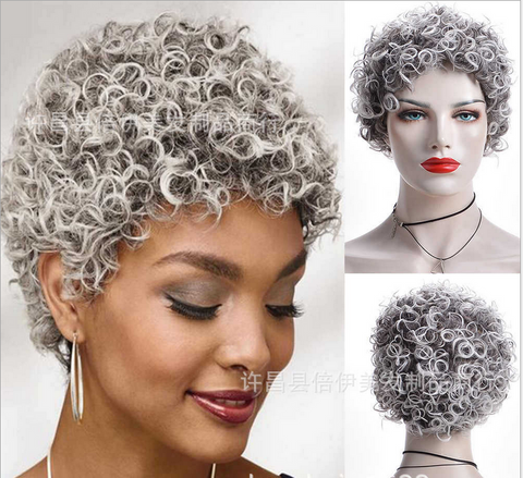 Women Pixie Cut Short Afro Deep Curly Ombre Black Grey Glueless Synthetic Wigs