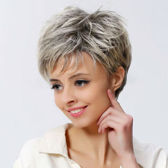 Natural Short Pixie Cut Layered Blonde Gray Wigs Synthetic For Women Daily Use
