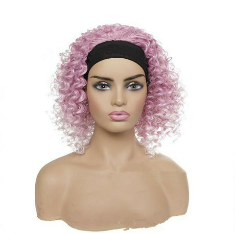 Pink Color Afro Short Wig Curly Hair 2 in 1 Scarf Wigs Headband Synthentic Wig