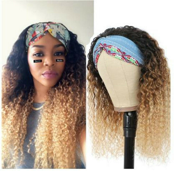 Long HeadBand Wigs Kinky Curly Ombre Brown Blonde Synthetic Wigs for Black Women