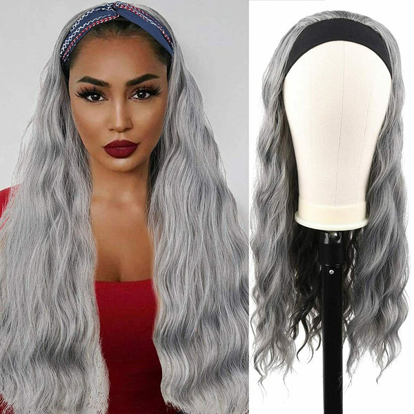 Afro Kinky Curly Headband Wigs Grey Long Wig Synthetic Glueless for Black Women