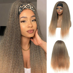 Ombre Brown Blonde Afro Yaki Headband Wigs Synthetic Long Straight Natural Hair