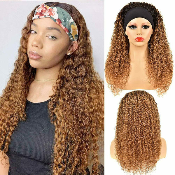 Ombre Brazilian Water Wave Synthetic Headband Wigs Brown Glueless Deep Curly