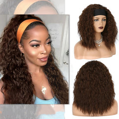 Long Kinky Curly Synthetic Wig Brown Headband Wigs Fluffy Natural Looking Heat