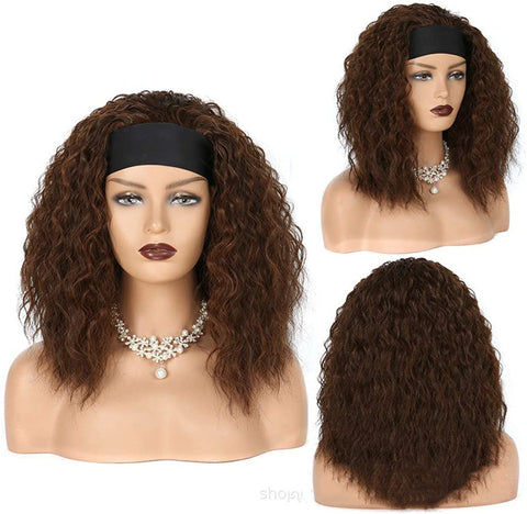 Shoulder Length Kinky Curly Synthetic Wig Brown Headband Wigs Fluffy Daily Use