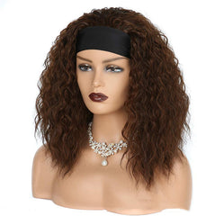 Shoulder Length Kinky Curly Synthetic Wig Brown Headband Wigs Fluffy Daily Use