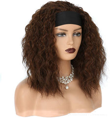 Shoulder Length Kinky Curly Synthetic Wig Brown Headband Wigs Fluffy Daily Use